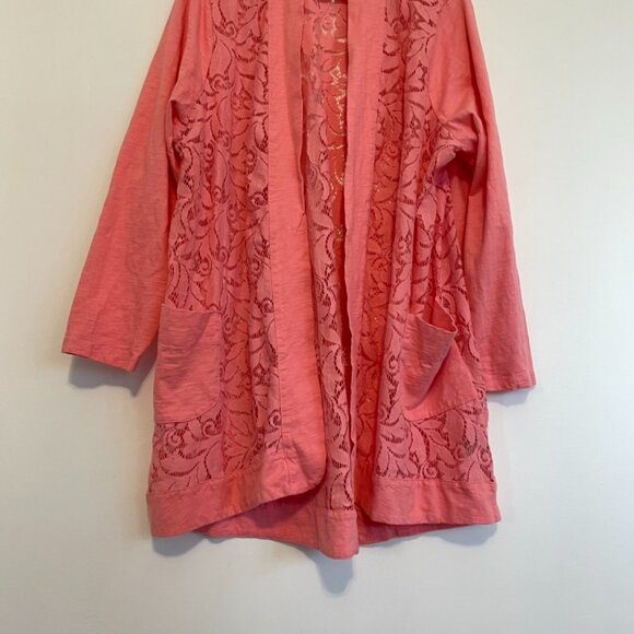 LOGO BY LORI GOLDSTEIN Plus Size Open Front Slub Cardigan w/ Lace Detail Pink 3X - Picture 6 of 14